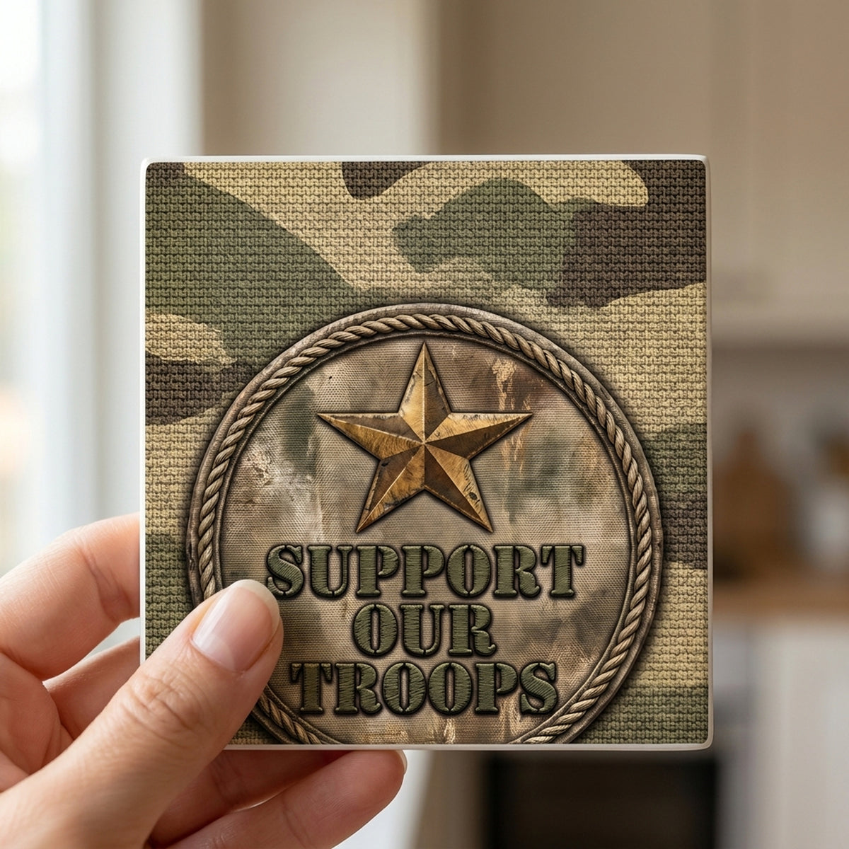 Military Camo Support ceramic coasters set of 4, in hand