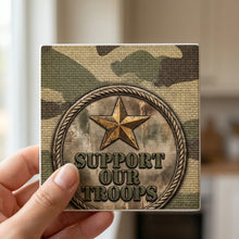 Military Camo Support ceramic coasters set of 4, in hand