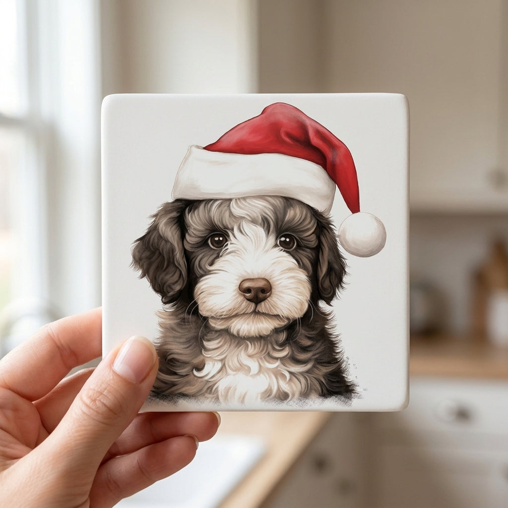 Spanish Water Dog Puppy Drawing ceramic coasters set of 4, in hand