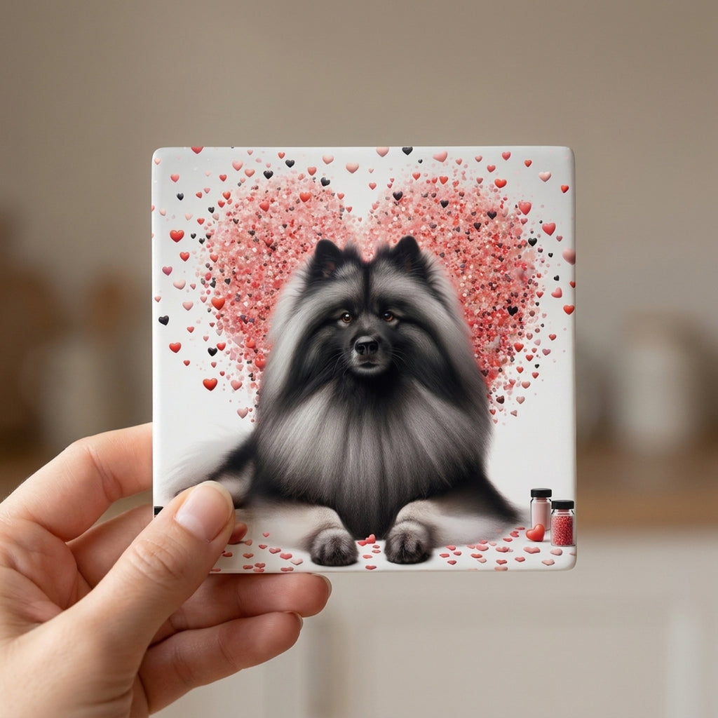 Keeshond ceramic coasters set of 4, in hand