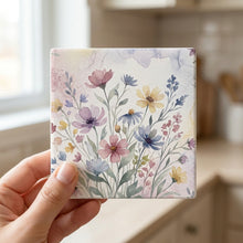 Wildflower Meadow ceramic coasters set of 4, in hand