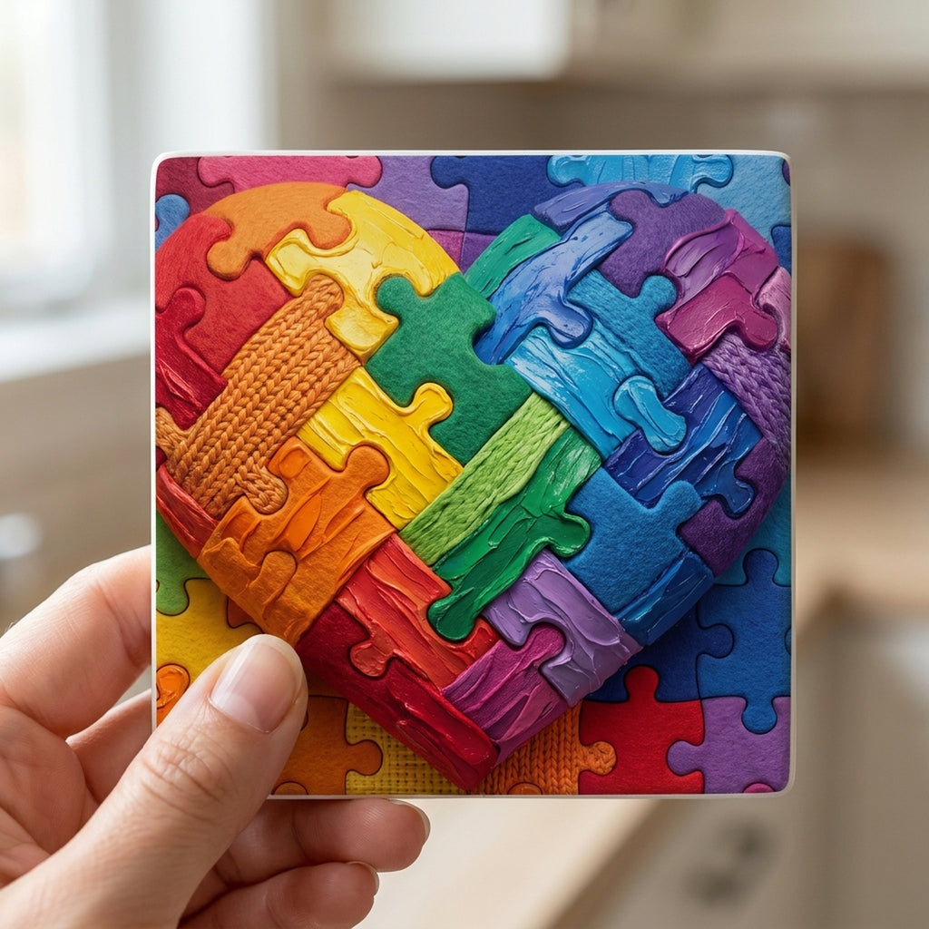 Autism Awareness Puzzle ceramic coasters set of 4, in hand