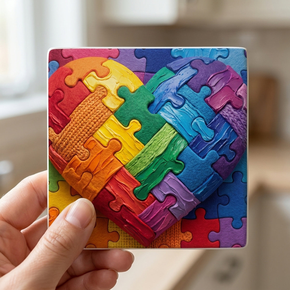 Autism Awareness Puzzle ceramic coasters set of 4, in hand