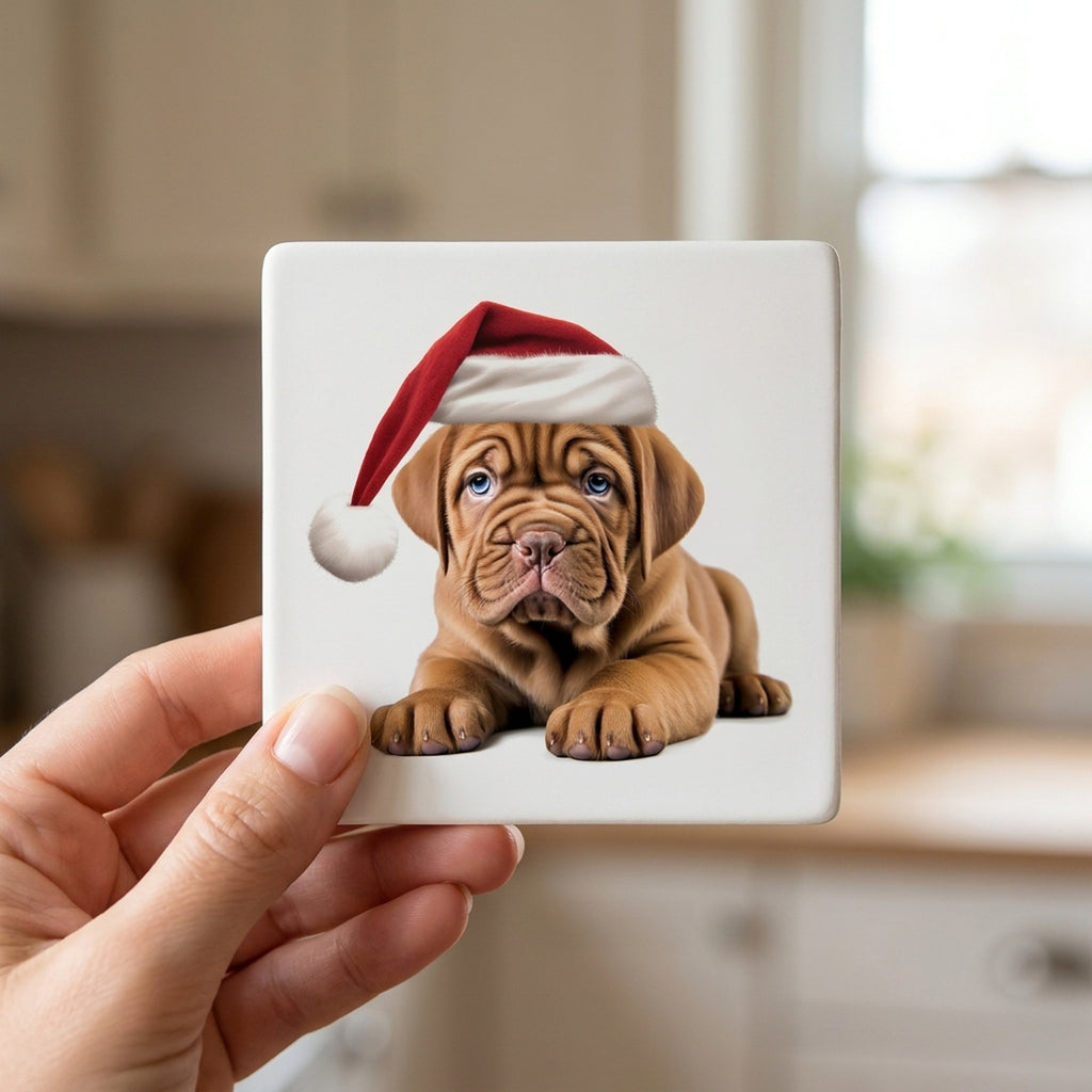 Dogue de Bordeaux Puppy Drawing ceramic coasters set of 4, in hand