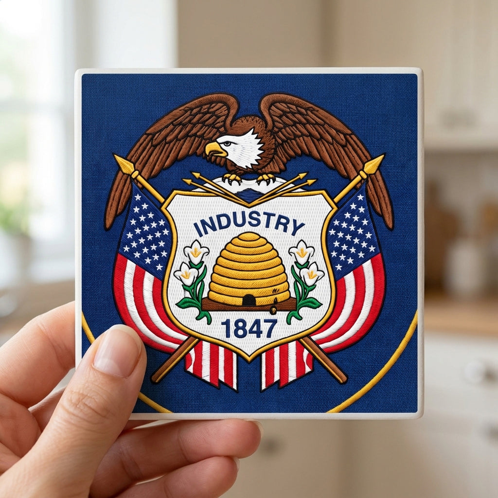Utah State Flag ceramic coasters set of 4, in hand