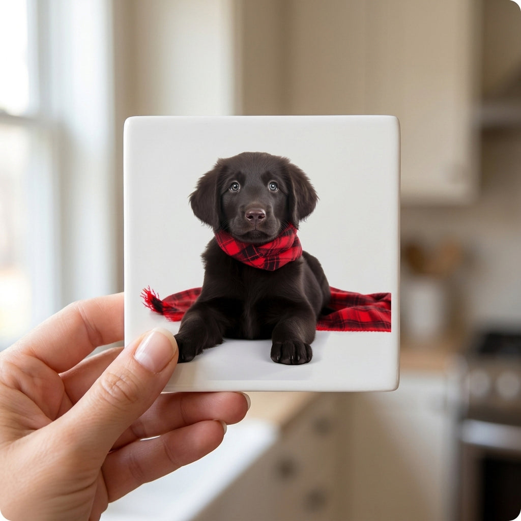 Flat-Coated Retriever Puppy ceramic coasters set of 4, in hand