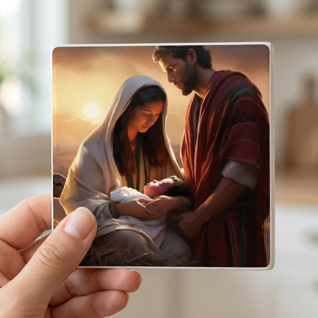 Warm Sunset Nativity ceramic coasters set of 4, in hand