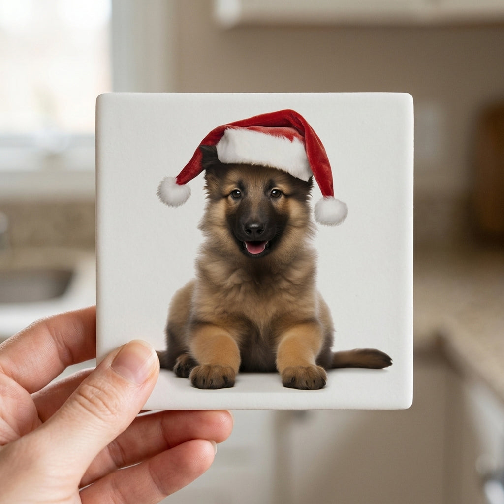 Belgian Tervuren Puppy ceramic coasters set of 4, in hand