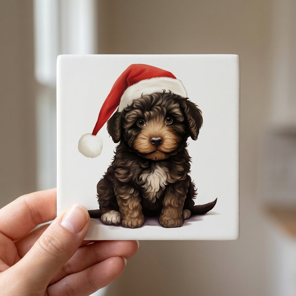 Barbet Puppy Drawing ceramic coasters set of 4, in hand
