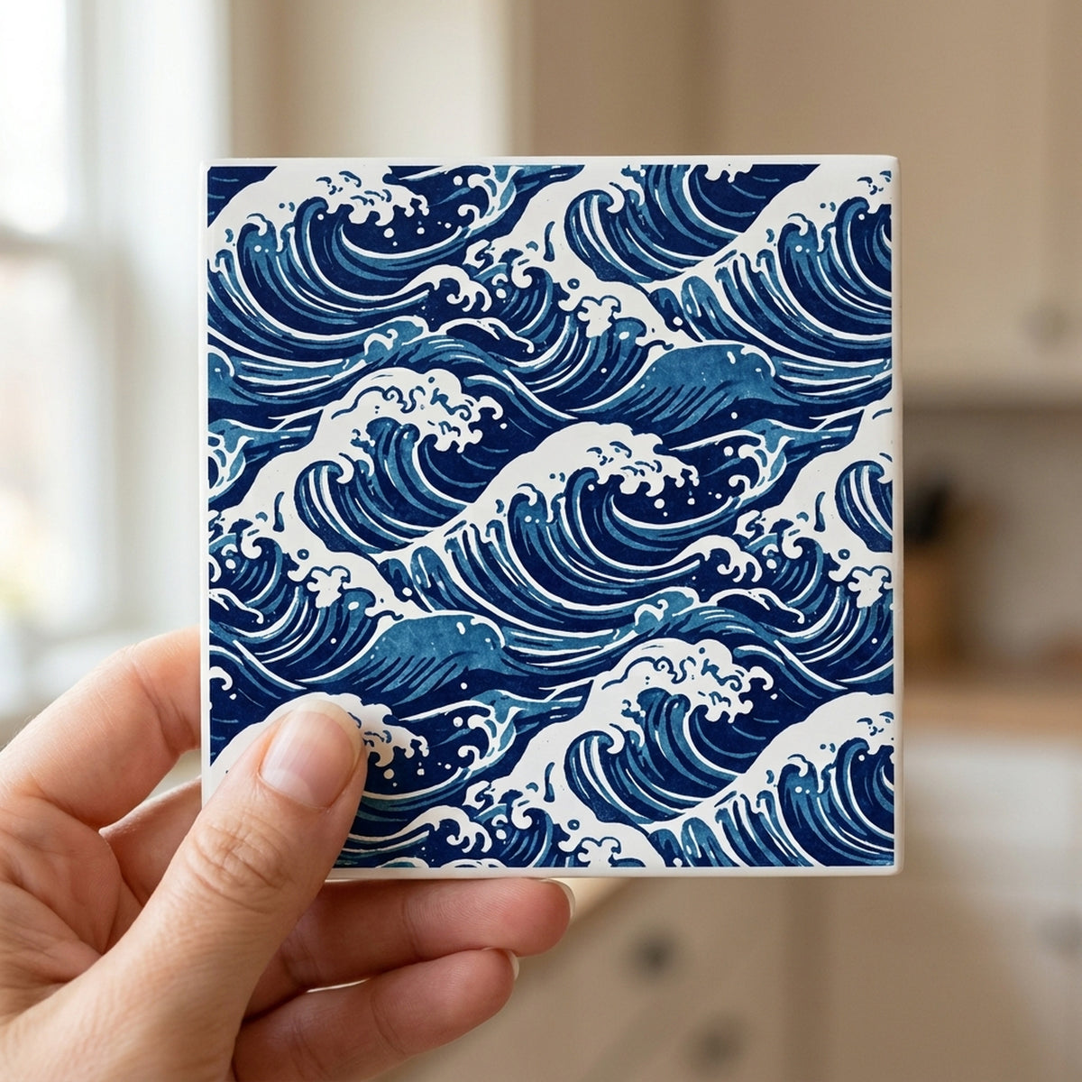 Ocean Waves ceramic coasters set of 4, in hand