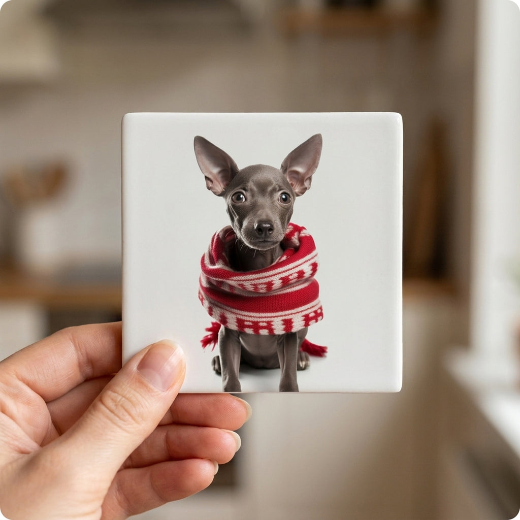Xoloitzcuintli Puppy ceramic coasters set of 4, in hand