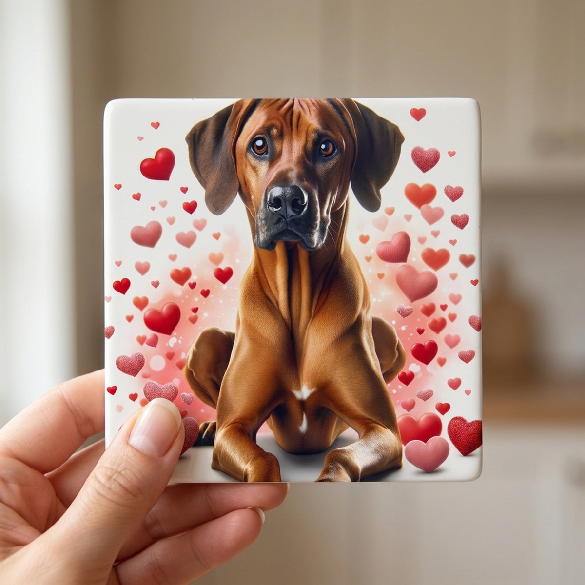 Rhodesian Ridgeback ceramic coasters set of 4, in hand