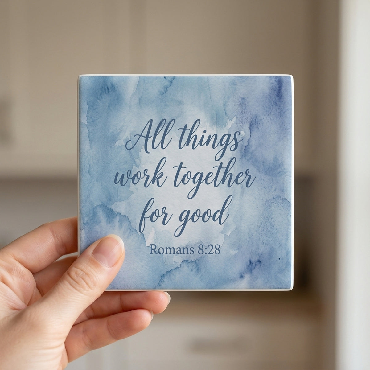 Romans 8:28 ceramic coasters set of 4, in hand