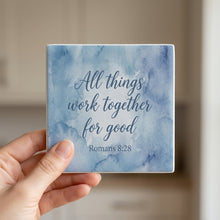 Romans 8:28 ceramic coasters set of 4, in hand