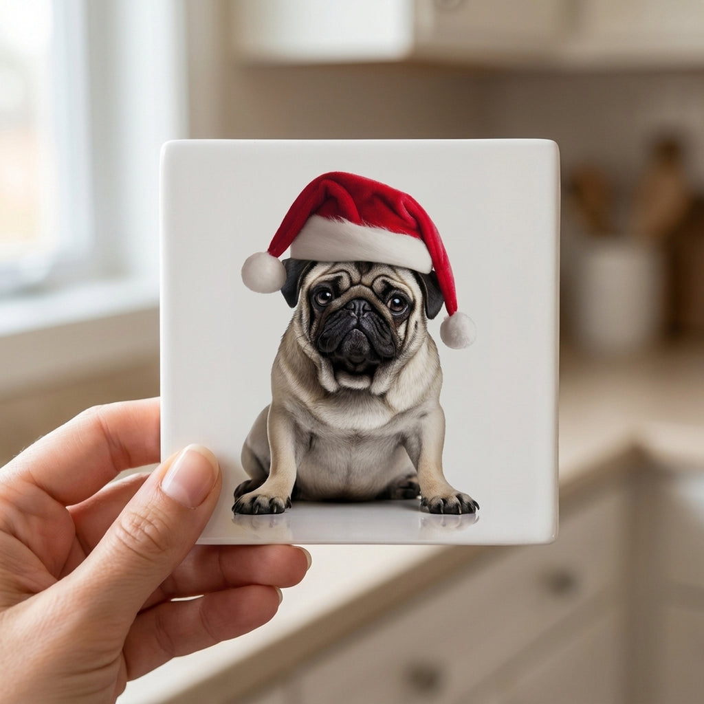 Pug ceramic coasters set of 4, in hand