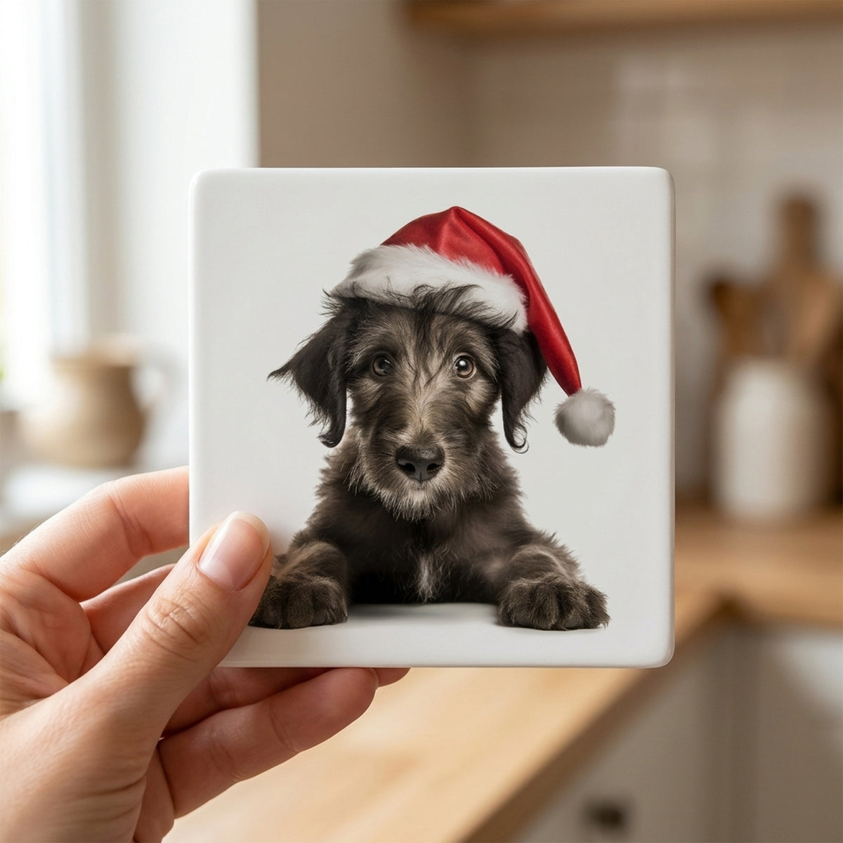 Scottish Deerhound Puppy ceramic coasters set of 4, in hand