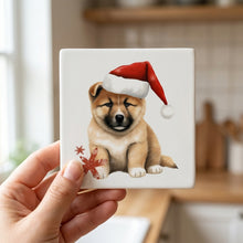 Akita Puppy Drawing ceramic coasters set of 4, in hand