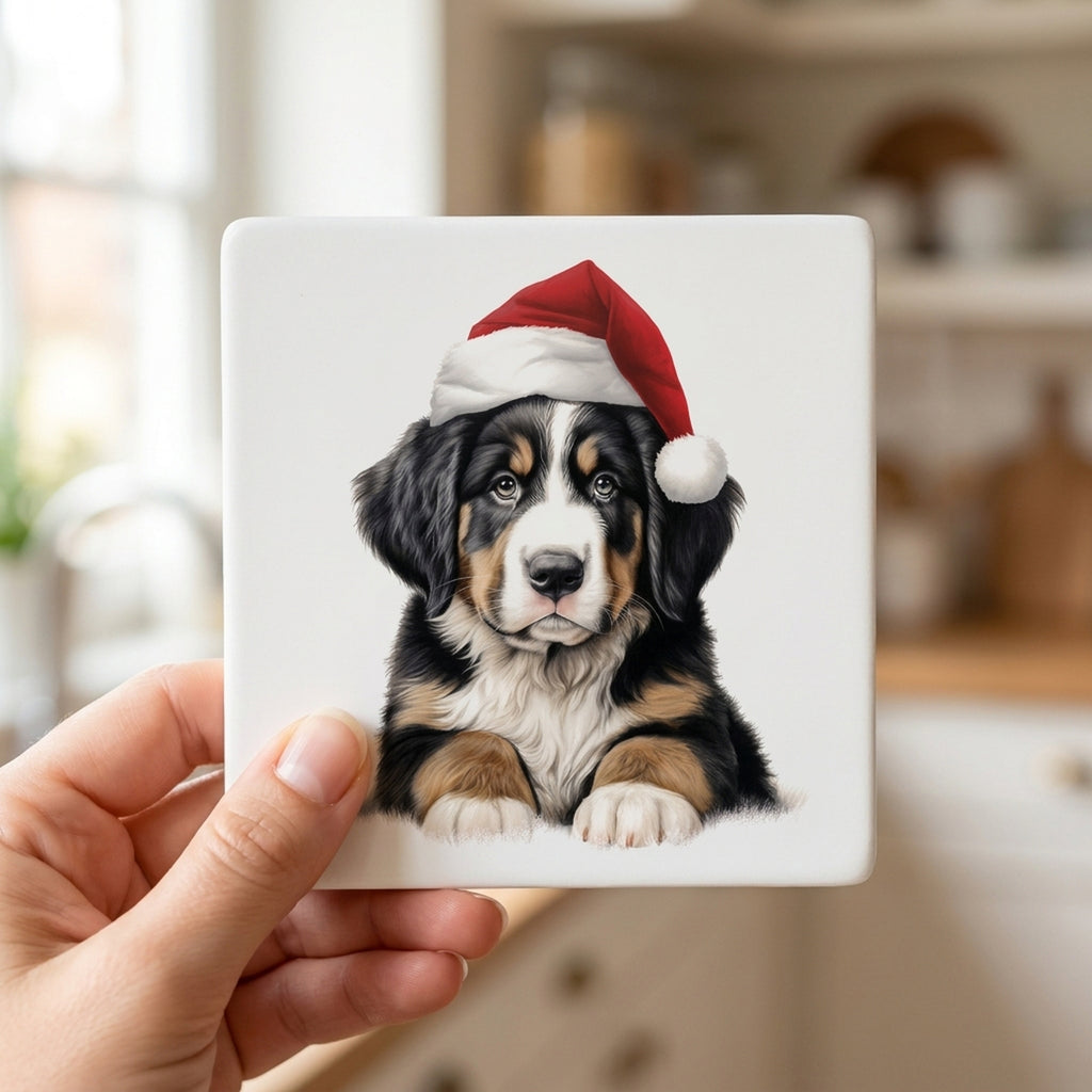 Greater Swiss Mountain Dog Puppy Drawing ceramic coasters set of 4, in hand