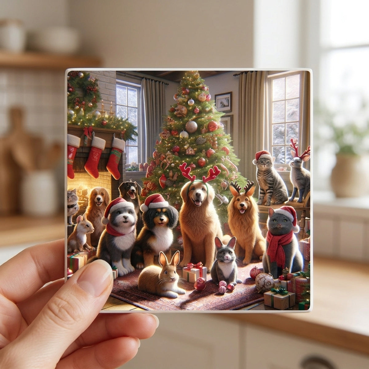 Cozy Holiday Pets ceramic coasters set of 4, in hand