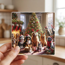 Cozy Holiday Pets ceramic coasters set of 4, in hand