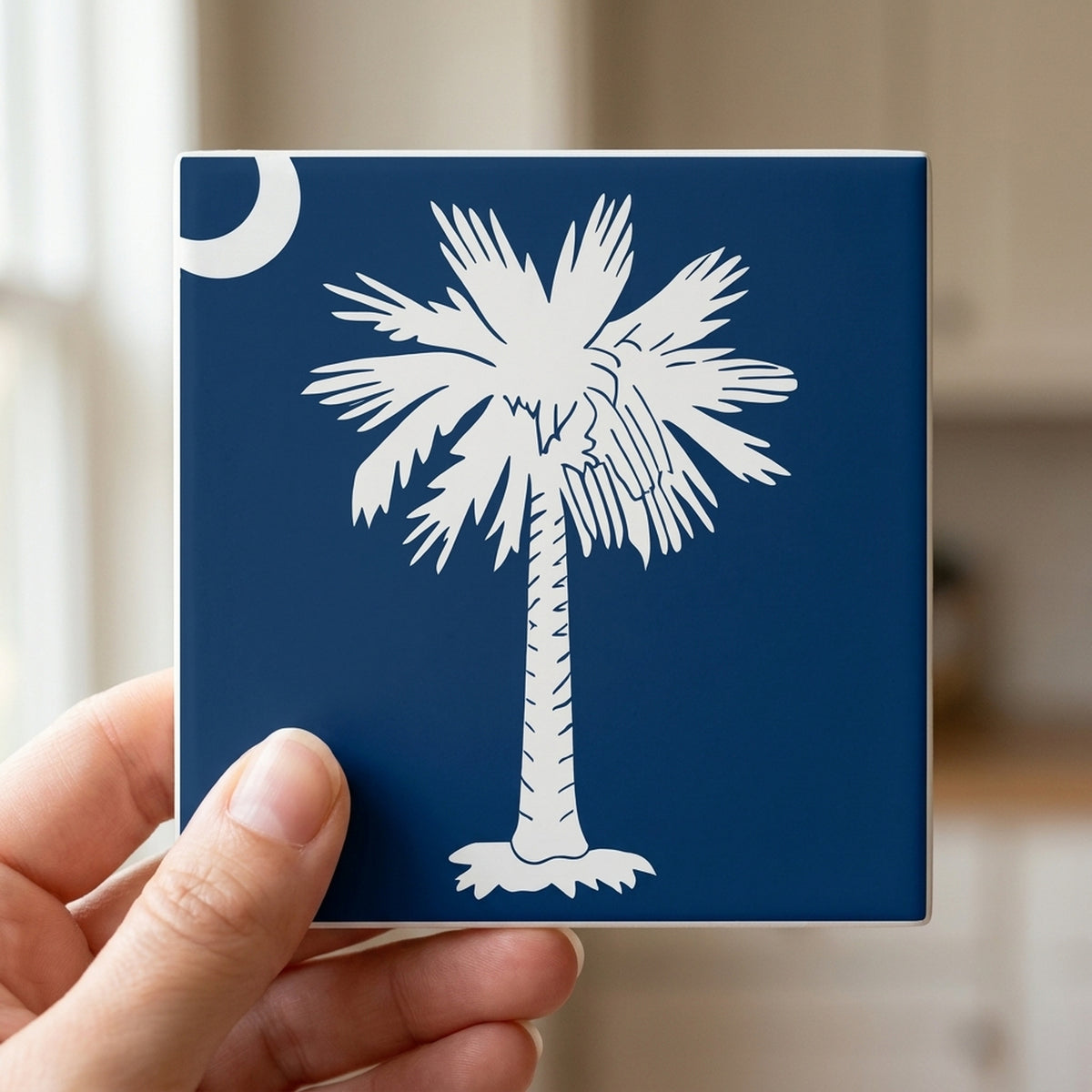 South Carolina State Flag ceramic coasters set of 4, in hand