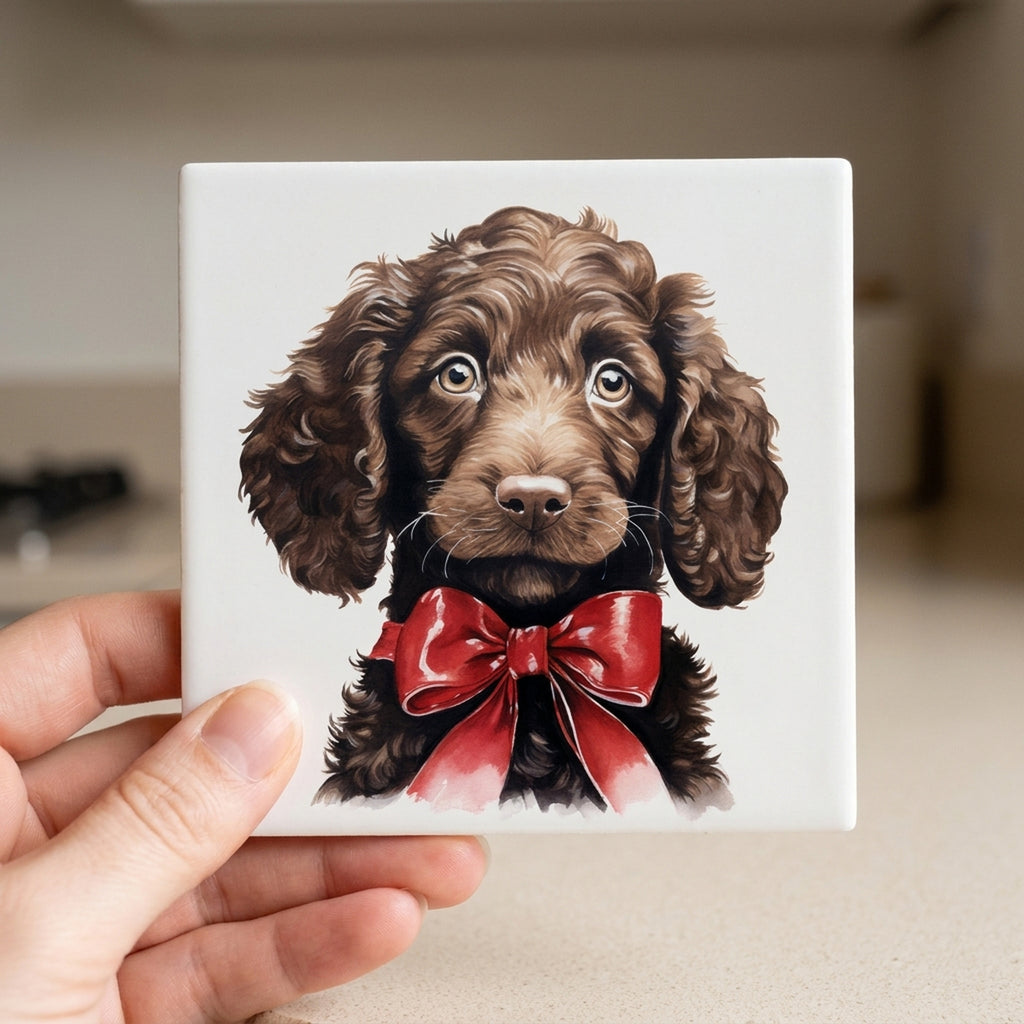 American Water Spaniel Puppy Drawing ceramic coasters set of 4, in hand