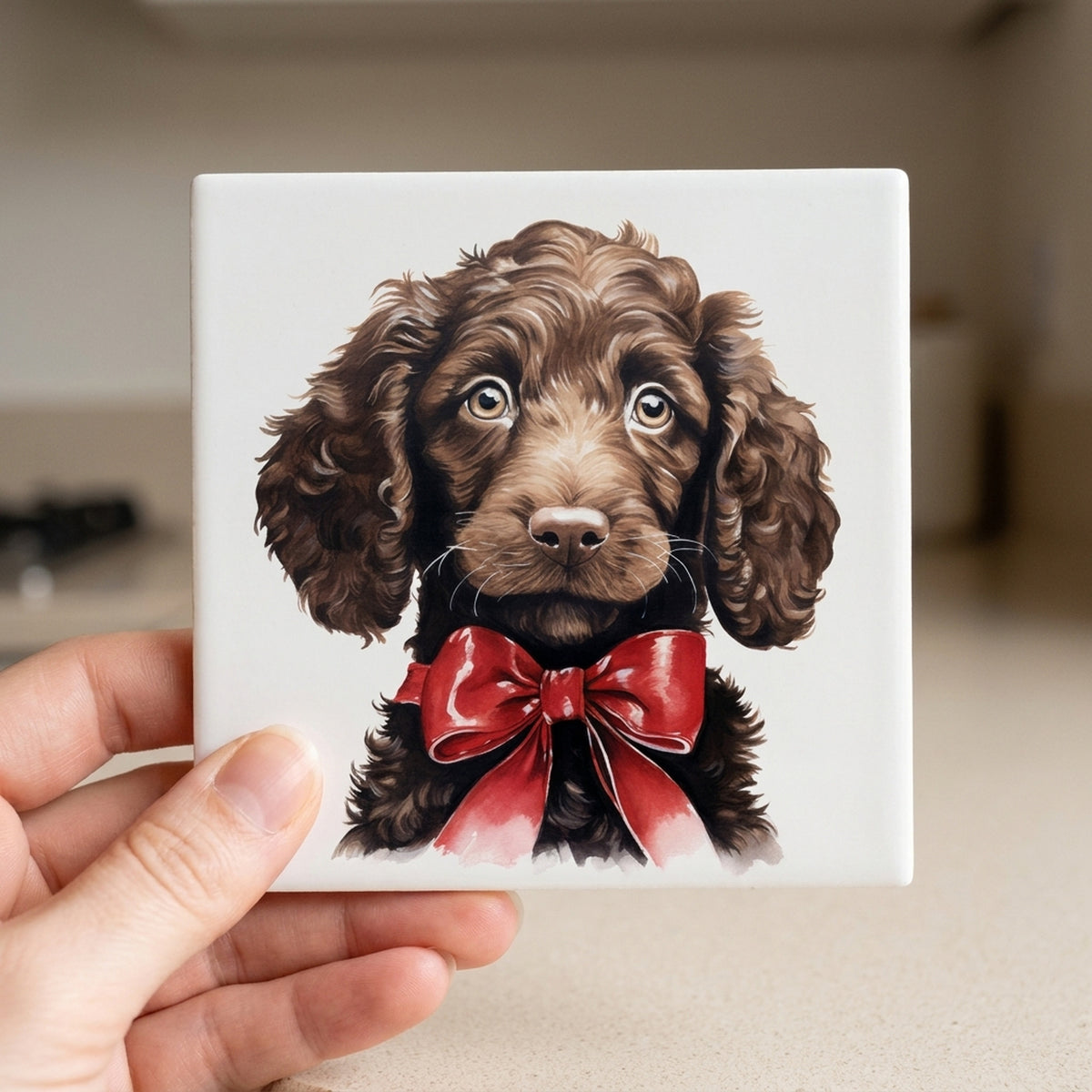 American Water Spaniel Puppy Drawing ceramic coasters set of 4, in hand