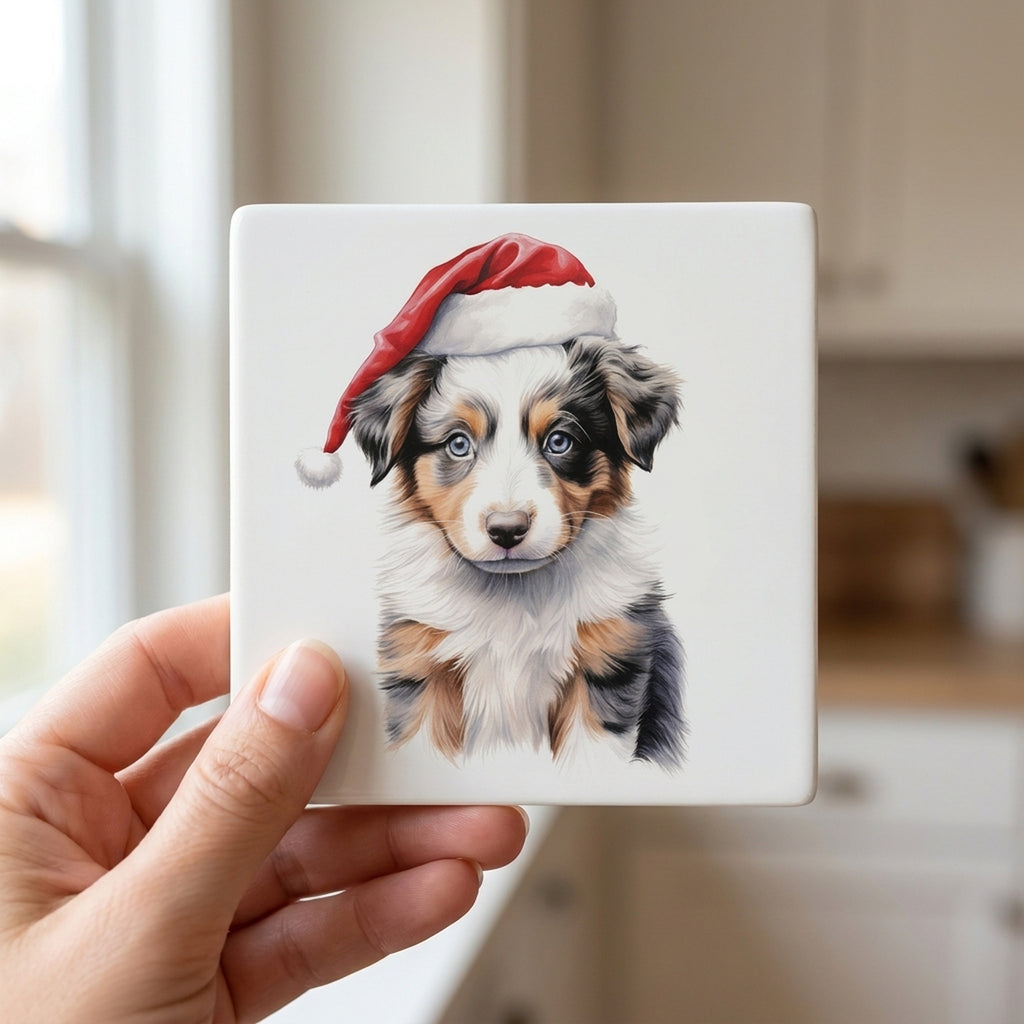 Australian Shepherd Puppy Drawing ceramic coasters set of 4, in hand