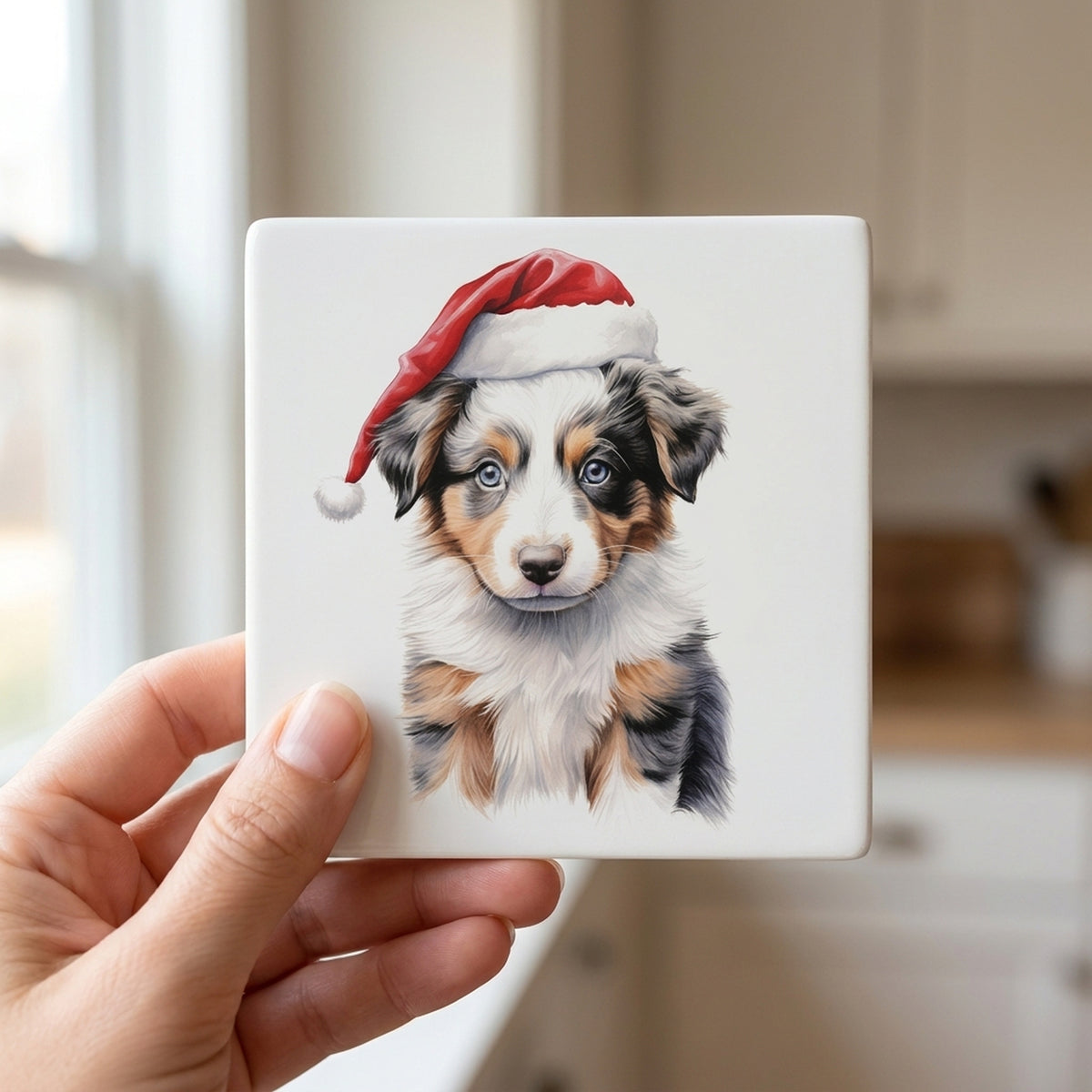 Australian Shepherd Puppy Drawing ceramic coasters set of 4, in hand