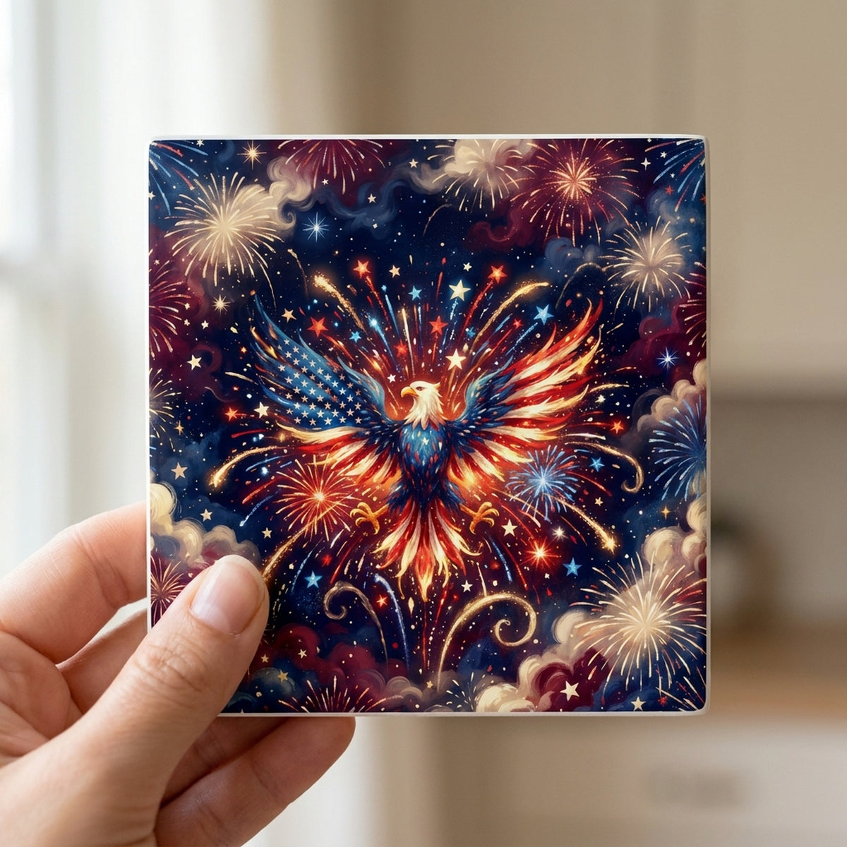 July 4th Fireworks ceramic coasters set of 4, in hand