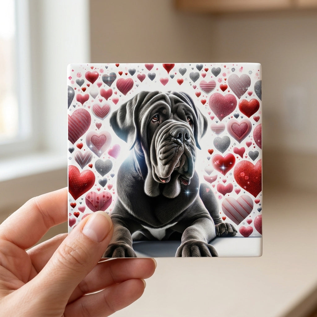 Neapolitan Mastiff ceramic coasters set of 4, in hand