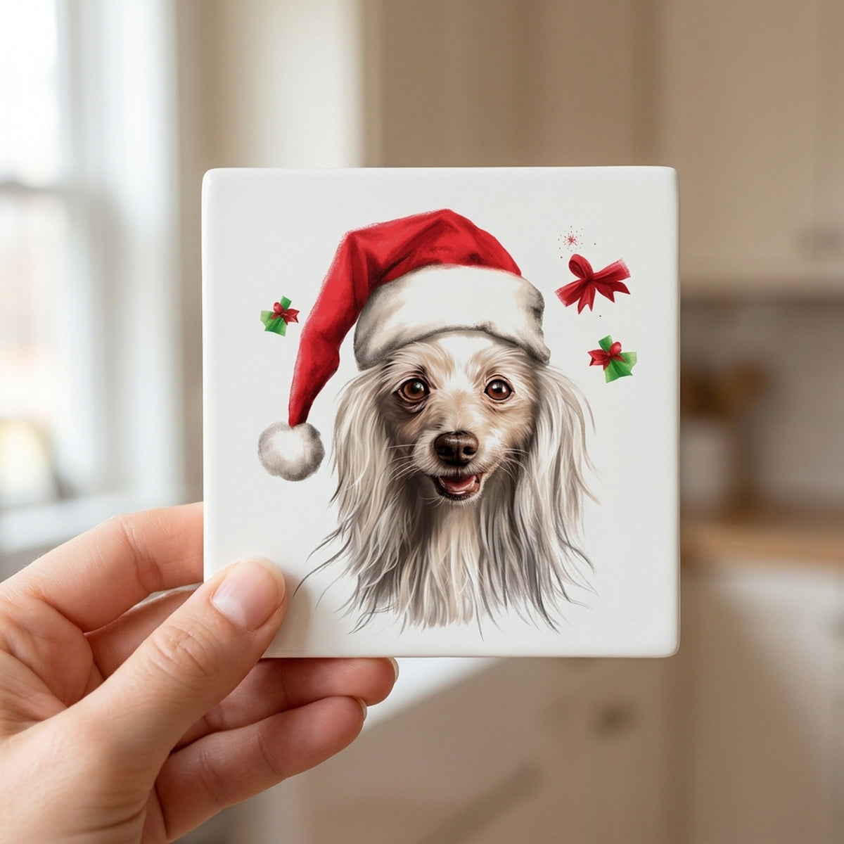 Chinese Crested ceramic coasters set of 4, in hand