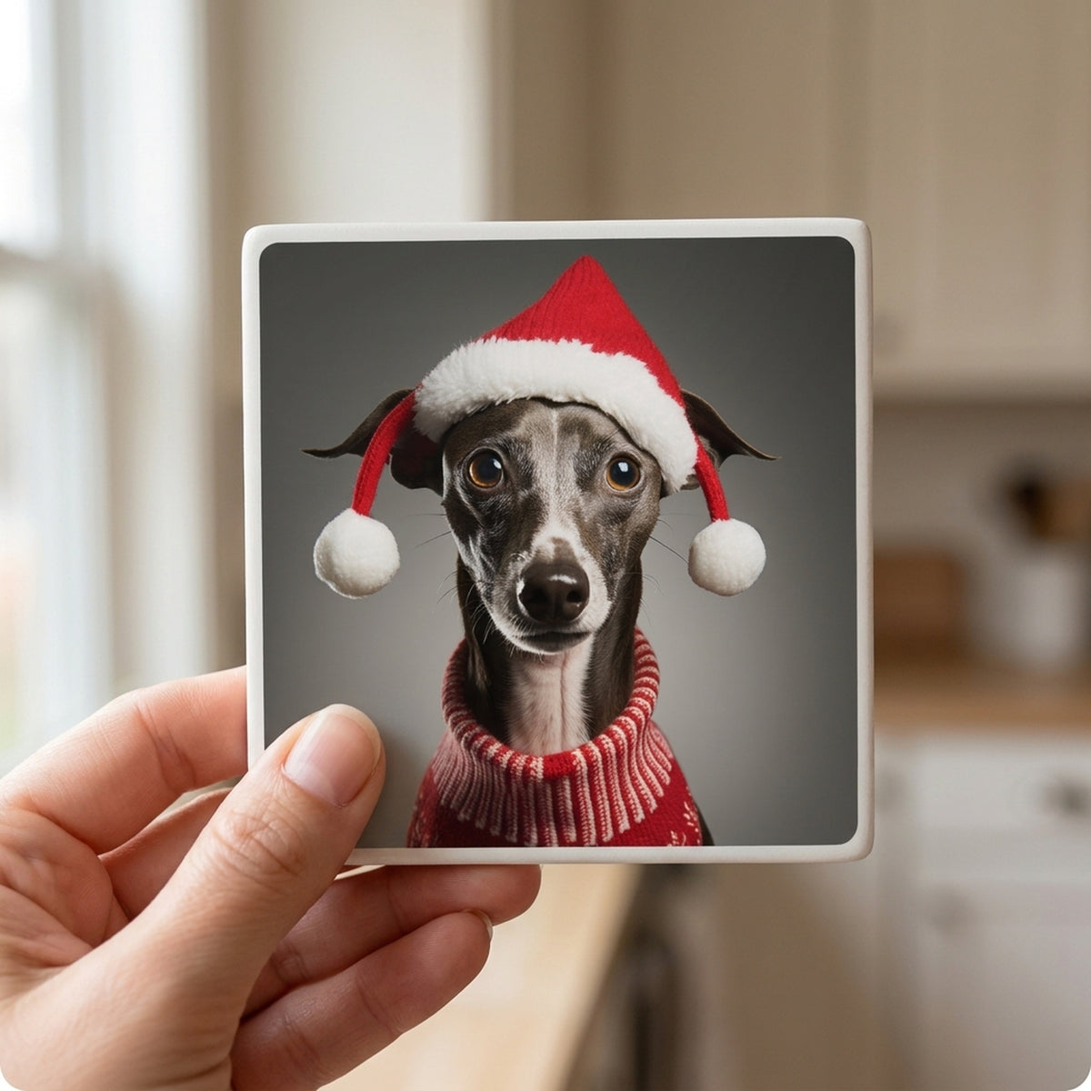 Italian Greyhound ceramic coasters set of 4, in hand