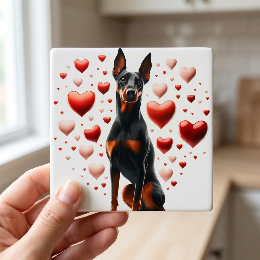 Doberman Pinscher ceramic coasters set of 4, in hand