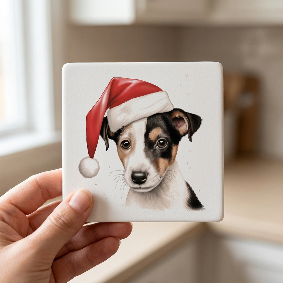 Smooth Fox Terrier Puppy Drawing ceramic coasters set of 4, in hand