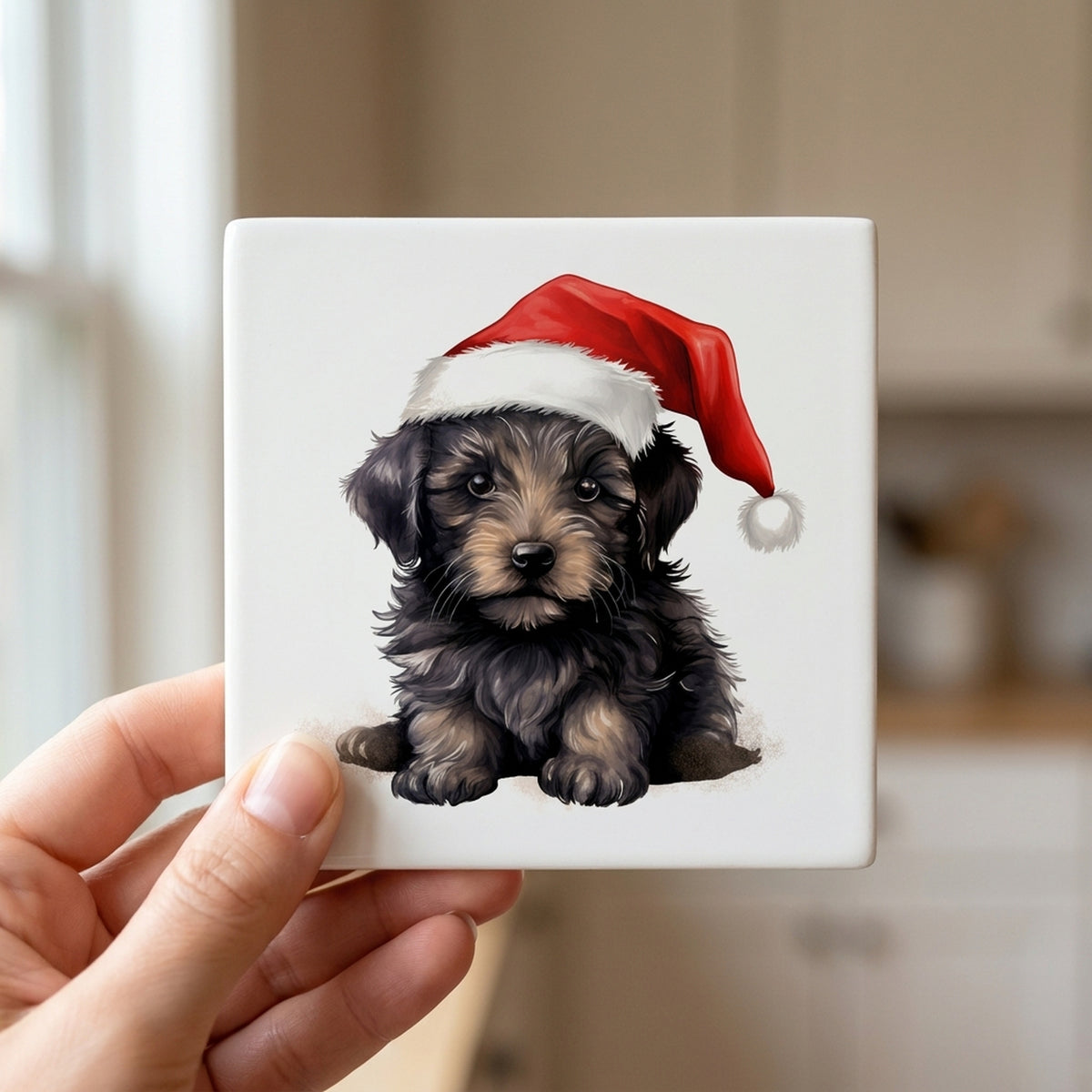 Bouvier de Flandre Puppy Drawing ceramic coasters set of 4, in hand