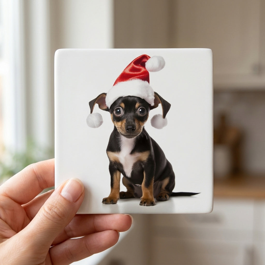 Rat Terrier Puppy ceramic coasters set of 4, in hand