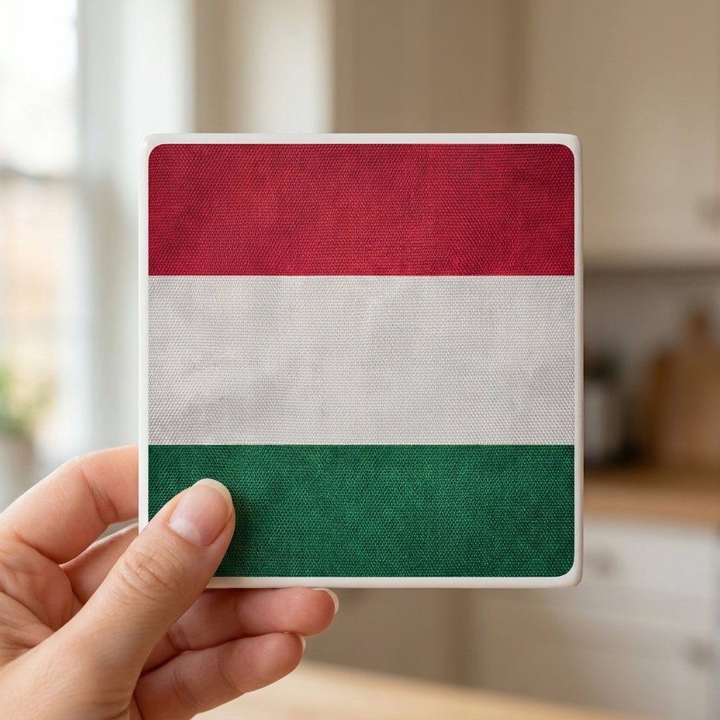 Hungary Flag Pride ceramic coasters set of 4, in hand