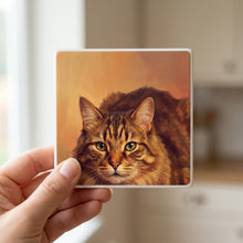 Tabby Cat Portrait ceramic coasters set of 4, in hand