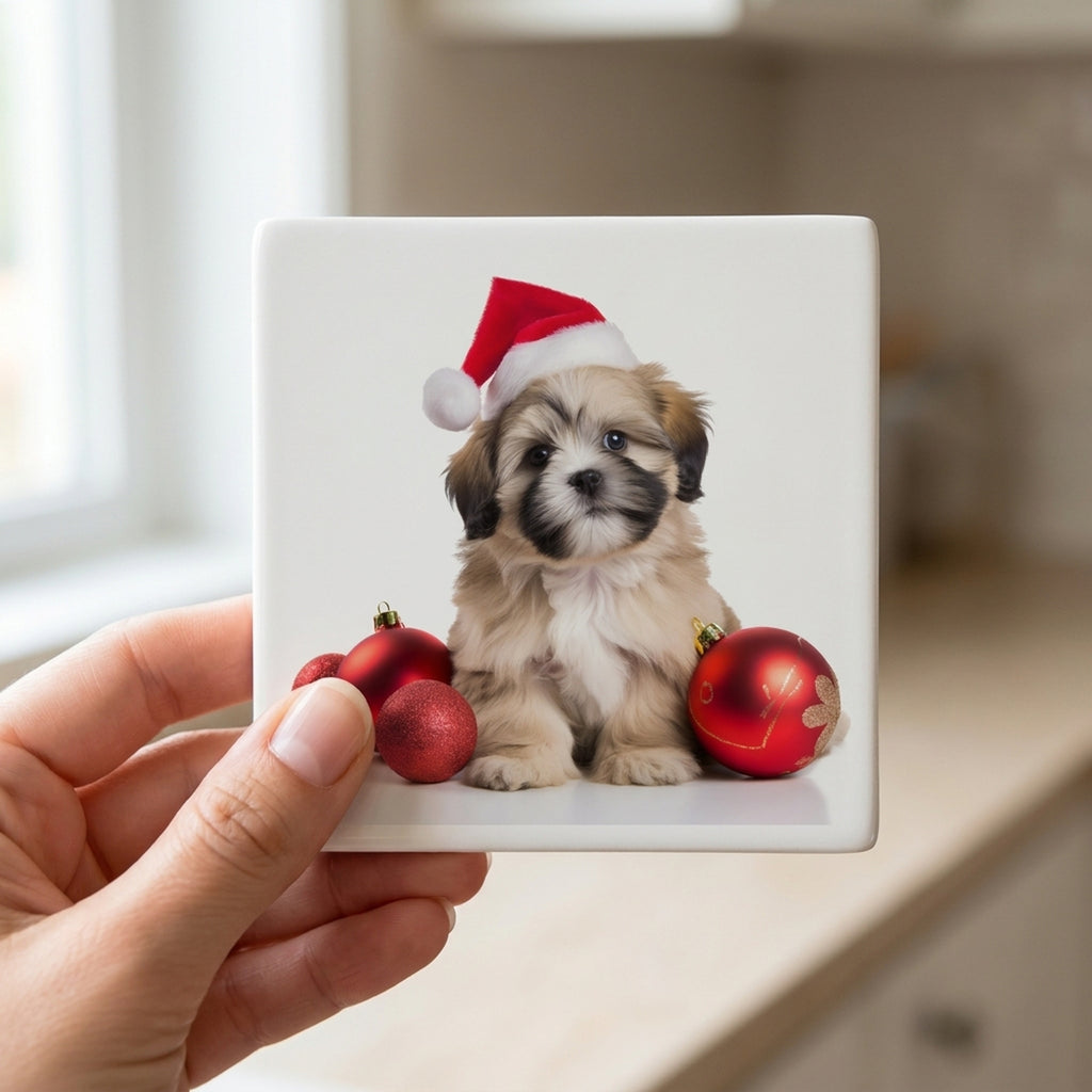 Lhasa Apso Puppy ceramic coasters set of 4, in hand