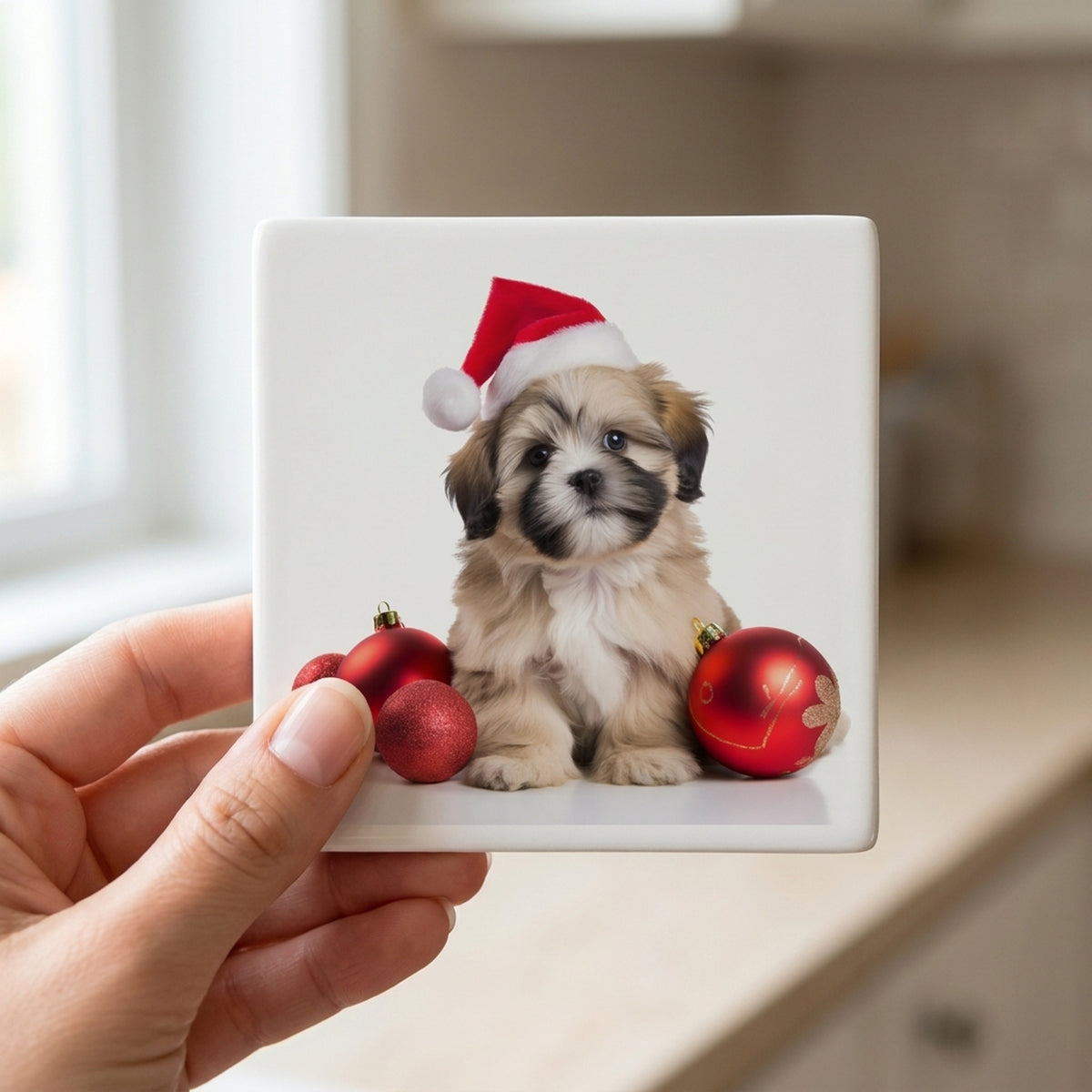 Lhasa Apso Puppy ceramic coasters set of 4, in hand