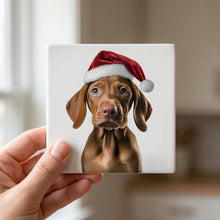 Vizsla Puppy ceramic coasters set of 4, in hand