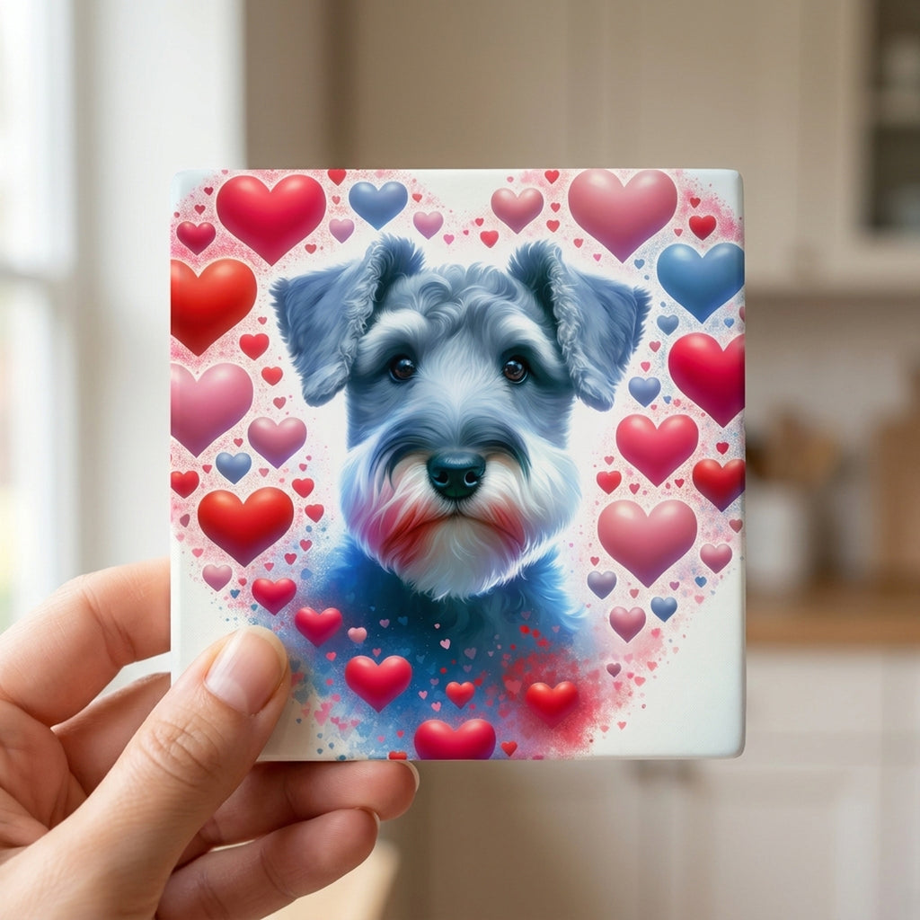 Miniature Schnauzer ceramic coasters set of 4, in hand