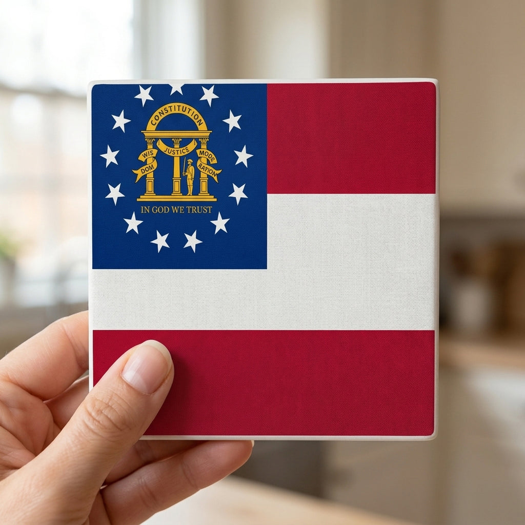 Georgia State Flag ceramic coasters set of 4, in hand