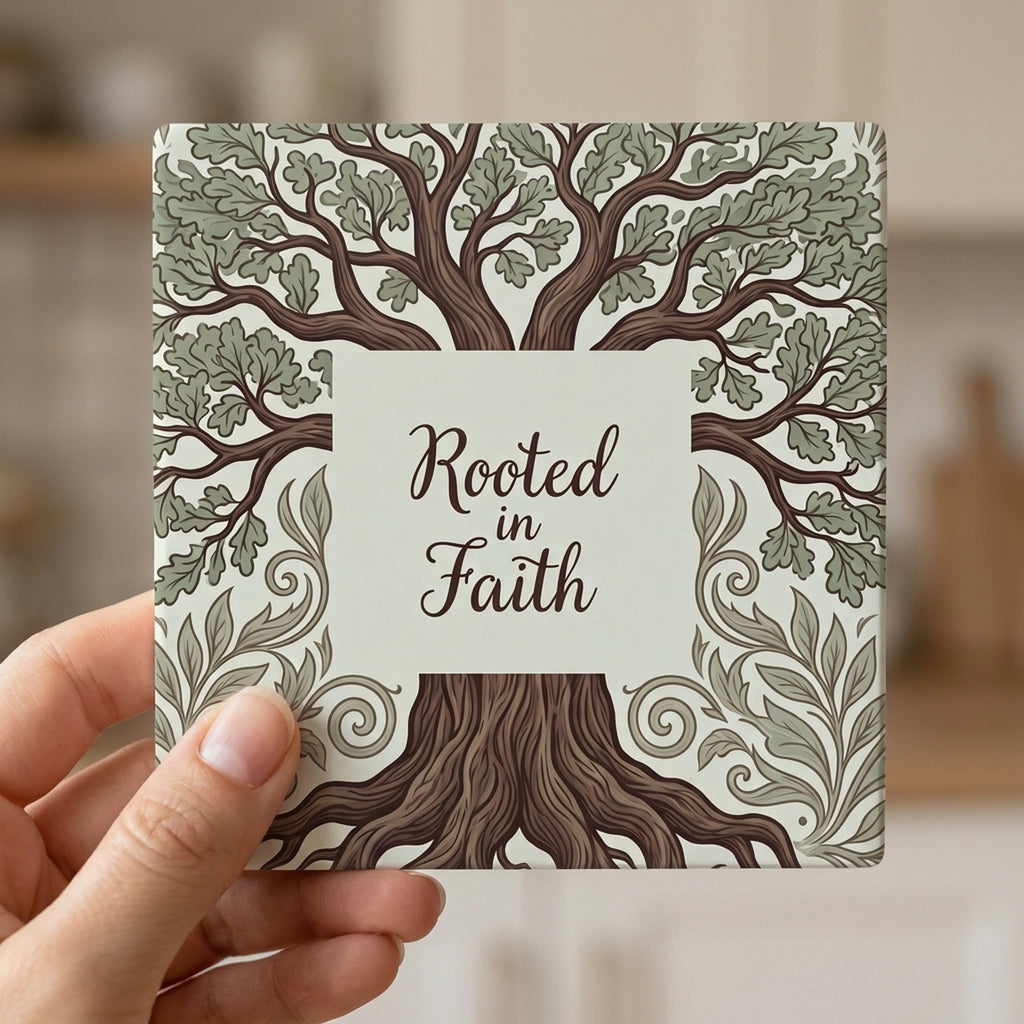 Rooted In Faith Tree ceramic coasters set of 4, in hand