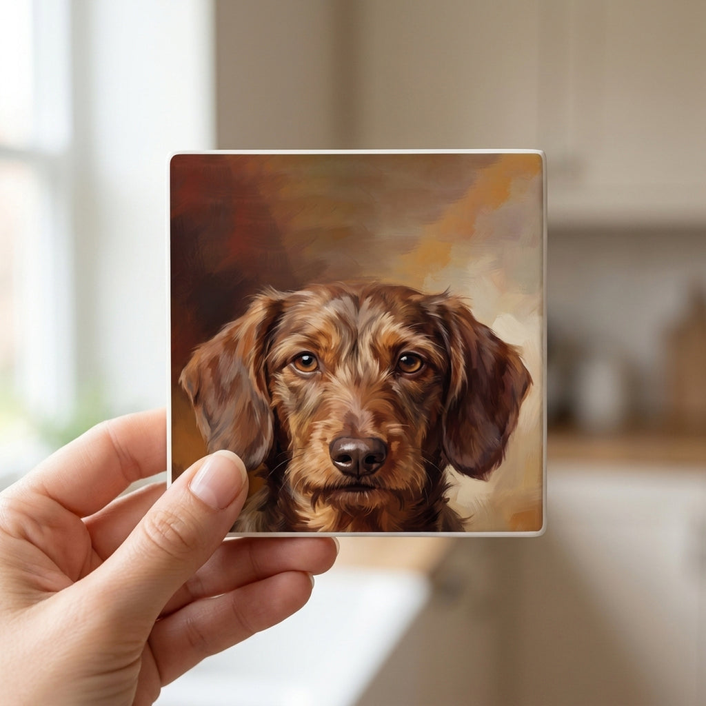 Dachshund Portrait ceramic coasters set of 4, in hand
