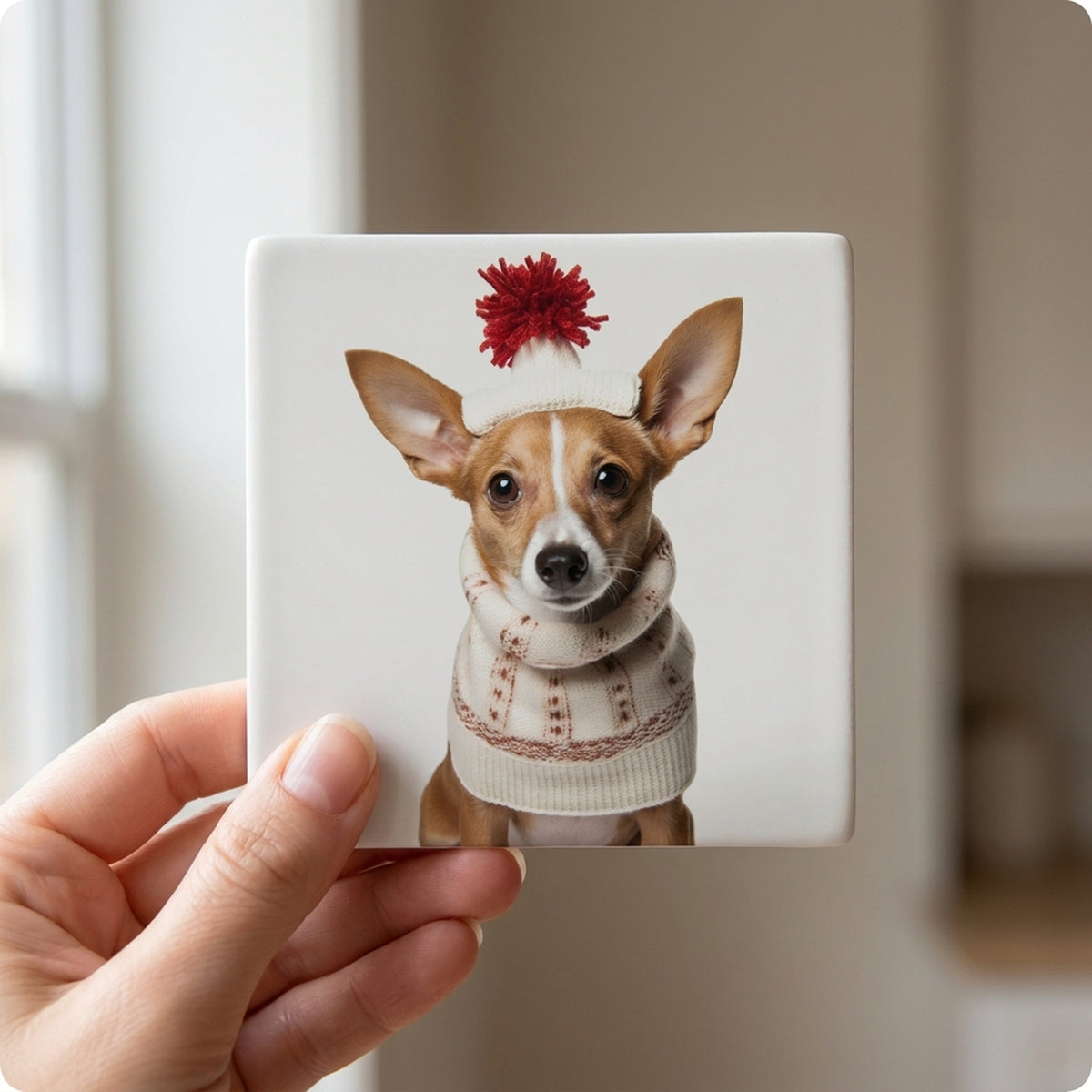 Portuguese Podengo Pequeno ceramic coasters set of 4, in hand