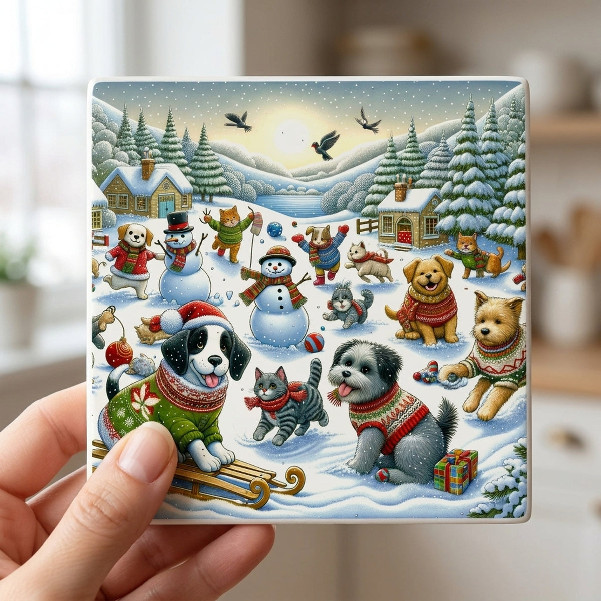 Cozy Christmas Pets ceramic coasters set of 4, in hand