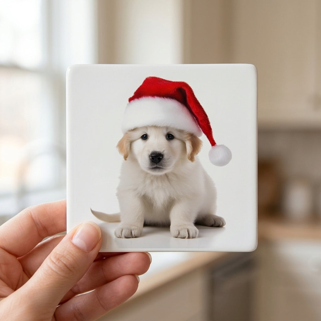 Kuvaszok Puppy ceramic coasters set of 4, in hand