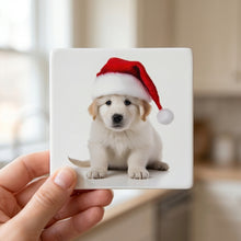 Kuvaszok Puppy ceramic coasters set of 4, in hand